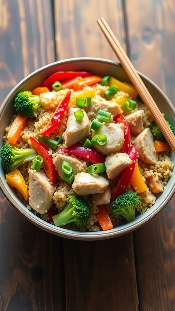 A colorful quinoa chicken stir fry with vegetables and chicken in a bowl, garnished with green onions.